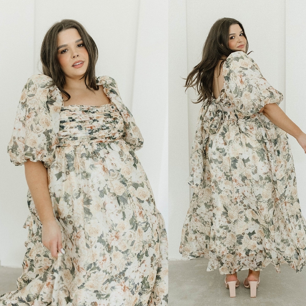 Worth Collective Melody Maxi Dress with Pleats and Bow Detail in Champagne Foral